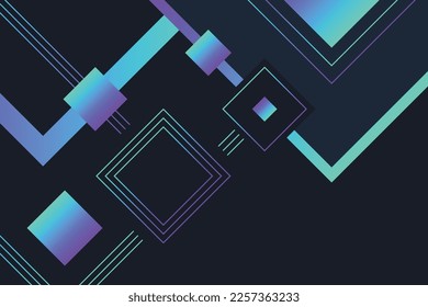 Geometric construction with gradient purple and blue neon lines and square shapes background design 