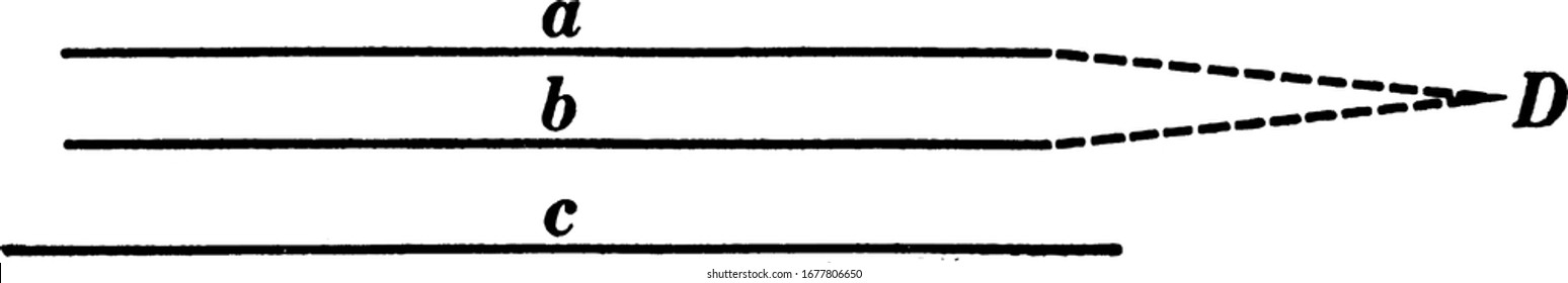 Geometric construction that is used to prove that If two straight lines are parallel to a third straight line, they are parallel to each other, vintage line drawing or engraving illustration.