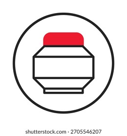 A geometric container with a vibrant red lid is centered within a black circle, representing industry, storage applications and modern design. This simple, stylized icon features clean lines, an