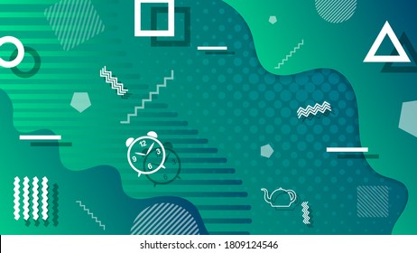 geometric contours and shapes set against textured abstract shapes with wavy edges, a mixture of green and azure colors. 3d wallpaper in memphis style. vector
