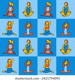 Geometric contrast with females in yoga poses. Contrast squares with sitting diverse women. Bold flat hand drawn silhouettes. Trendy print design for textile, wallpaper, wrapping, background