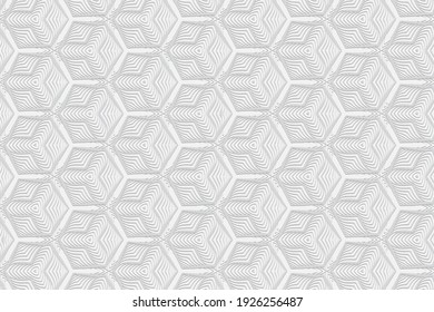 Geometric convex volumetric 3D ornament from embossed ethnic texture. White background from abstract shapes for wallpaper, presentations, websites in doodling style.