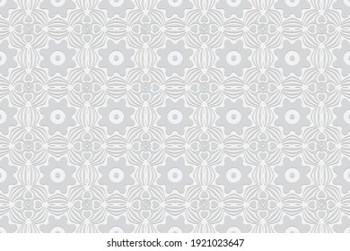 Geometric convex volumetric 3D pattern with a relief ornament from ethnic elements and original figures in the style of the peoples of Africa, Mexico, India on a white background.