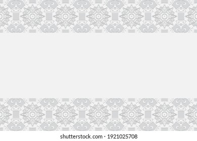 Geometric convex volumetric 3D pattern with a relief ornament from ethnic elements and original figures in the style of the peoples of India on a white background with horizontal inserts.