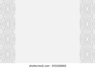 Geometric convex volumetric 3D pattern with a relief ornament of ethnic elements and original flowers in the style of doodling on a white background with vertical inserts.