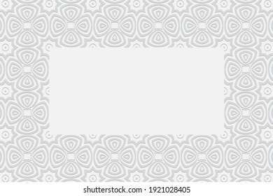 Patrón 3D convexo geométrico vexo volumétrico con un adorno de relieve de elementos étnicos y flores originales en el estilo de garabatear sobre un fondo blanco con un marco para el texto.