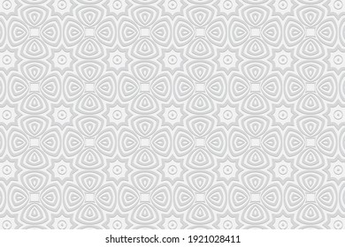 Geometrisches, konvexe, volumetrische 3D-Muster mit einer Reliefverzierung aus ethnischen Elementen und Originalblumen im Doodling-Stil auf weißem Hintergrund.