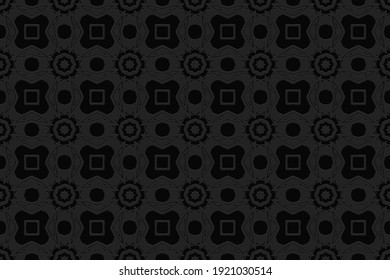 Geometric convex volumetric 3D pattern with a relief ornament of ethnic elements in the African style on a black background.