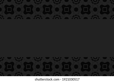 Geometric convex volumetric 3D pattern with a relief ornament of ethnic elements in African style on a black background with horizontal inserts.