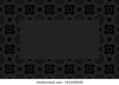 Geometric convex volumetric 3D pattern with a relief ornament from ethnic elements in African style on a black background with a frame for text.