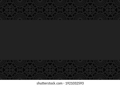 Geometric convex volumetric 3D pattern with a relief ornament from ethnic African elements on a black background with horizontal inserts for presentations.