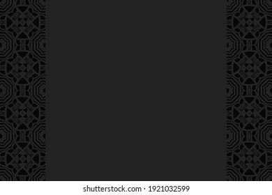 Geometric convex volumetric 3D pattern with a relief ornament from ethnic African elements on a black background with vertical inserts for presentations.
