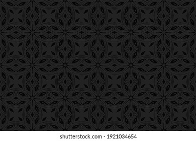 Geometric convex volumetric 3D pattern with artistic relief ornament from ethnic unique elements on a black background for wallpaper, presentations, websites.