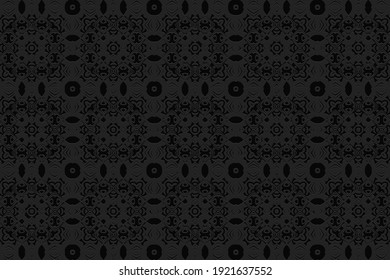 Geometric convex volumetric 3D pattern with artistic relief ornament from ethnic unique elements.
Black background for design and decoration.