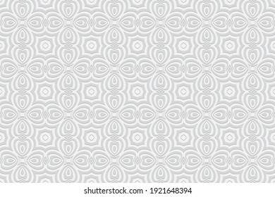 Geometric convex volumetric 3D pattern with artistic relief ornament from ethnic unique elements and colors in the style of the peoples of Asia. White background for design.