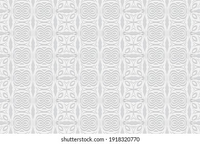 Geometric convex volumetric 3D texture from an ethnic decorative pattern based on the peoples of Mexico, Africa. Embossed white background for presentations, wallpapers.
