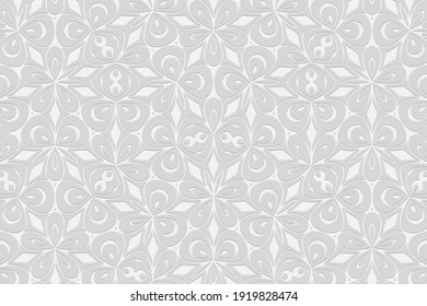 Geometric convex volumetric 3D texture. Curly white background for wallpaper. Ethnic relief ornament in folk style.

