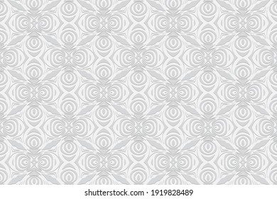 Geometric convex volumetric 3D texture from African, Mexican, Aztec patterns. Figurative white background. Ethnic embossed ornament for wallpaper, presentations.
