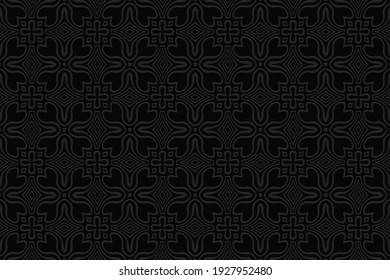 Geometric convex volumetric background from embossed ethnic pattern. Creative 3D black wallpaper in doodling style.