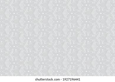 Geometric convex volumetric background from a relief ethnic pattern. 3d white wallpaper with stylized figures.