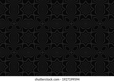 Geometric convex volumetric background from a relief ethnic pattern. 3d black abstract wallpaper in African folk style.