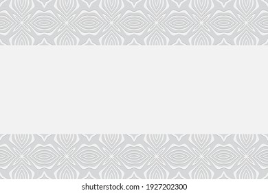 Geometric convex volumetric background from a relief ethnic pattern. Horizontal inserts. 3d white wallpaper based on Mexican, Indian motives for presentations.