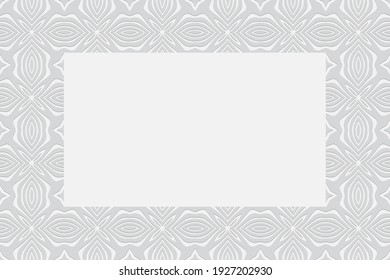 Geometric convex volumetric background from a relief ethnic pattern. Frame for text, advertising. 3d white wallpaper based on Mexican, Indian motives for presentations.