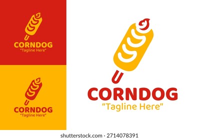 Logotipo geométrico de corndog con una marca de mordida estilizada ideal para tiendas de aperitivos informales.