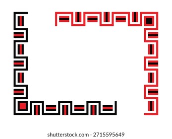 Geometric corner border ornament in red and black, Ukrainian embroidery pattern. Clean square pattern for frames, design decor