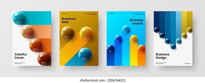 Conjunto de conceptos vectoriales de diseño de folletos corporativos geométricos. Sencilla composición de plantillas de presentación de esferas 3D.
