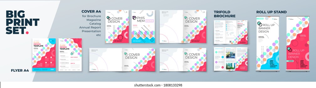 Geometric Corporate Identity Print Template Set of Brochure cover, flyer, tri fold, report, catalog, roll up banner. Branding design. Business stationery background design collection.