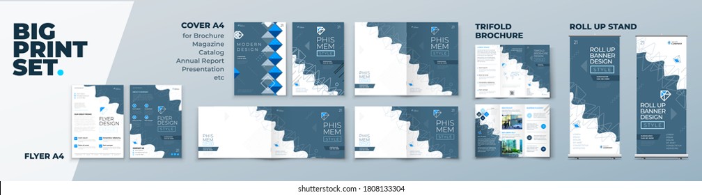 Geometric Corporate Identity Print Template Set of Brochure cover, flyer, tri fold, report, catalog, roll up banner. Branding design. Business stationery background design collection.