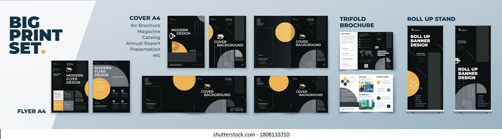 Geometric Corporate Identity Print Template Set of Brochure cover, flyer, tri fold, report, catalog, roll up banner. Branding design. Business stationery background design collection.