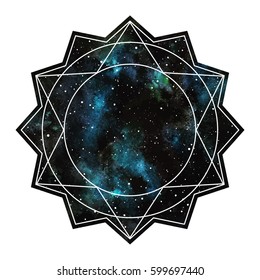 Geometric cosmic flower, mandala illustration. Watercolor vector night sky with colorful stains background. Polygonal star frame made of triangles, circles, lines. Sacred geometry, print design.