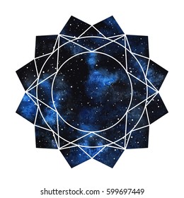 Geometric cosmic flower, mandala illustration. Watercolor vector night sky with colorful stains background. Polygonal star frame made of triangles, circles, lines. Sacred geometry, print design.