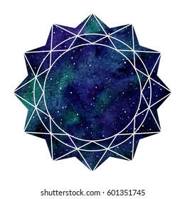 Geometric cosmic flower, mandala illustration. Watercolor vector night sky with emerald and blue stains background. Polygonal frame made of triangles, circles, lines. Sacred geometry, print design.