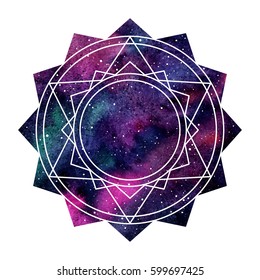 Geometric cosmic mandala illustration. Watercolor vector night sky with pink, emerald, blue stains background. Polygonal star frame made of triangles, circles, lines. Sacred geometry, print design.