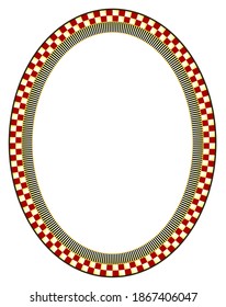 Geometric courtly check. An oval or elipse frame comprising a crimson and cream checkerboard pattern, black and cream stripes and black and gold polka dot patterns. This is a scalable vector graphic.