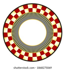 Geometric courtly check plate. A circular  frame comprising a crimson and cream checkerboard pattern, black and cream stripes and black and gold polka dot patterns. This is a scalable vector graphic.
