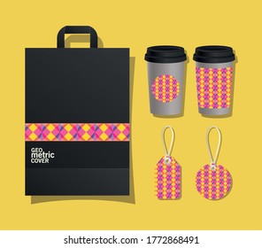 geometric cover bag coffee mugs and labels design of Mockup corporate identity template and branding theme Vector illustration