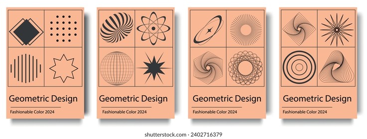 Geometric cover brochure set in fashionable Color 2024 Peach Fuzz design. Poster templates with abstract simple minimal forms of squares, circles, arrows, dots and halftone prints, curves and lines