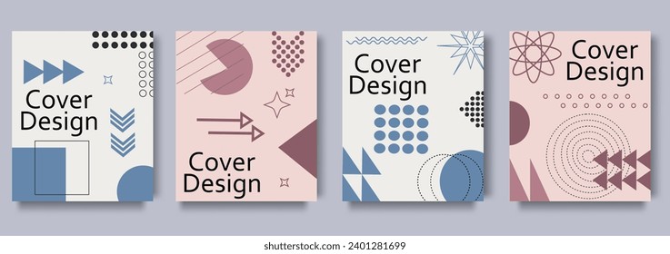 Geometric cover brochure set in flat design. Poster templates with abstract simple minimal forms of squares, circles, arrows, dots and halftone prints, curves and lines. Vector illustration