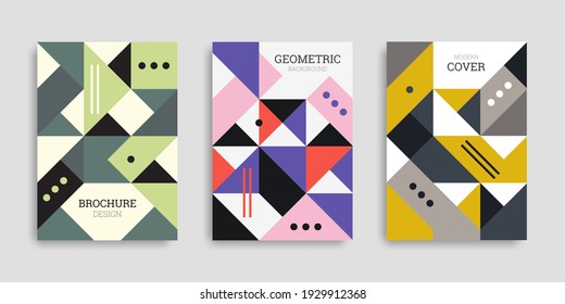 Diseño de cubierta geométrica. Fondo geométrico abstracto. Conjunto de folletos retro verticales A4. Ilustración vectorial. Colección de plantillas de negocio en estilo plano. Cartel de diseño, portada, cuaderno, catálogo.