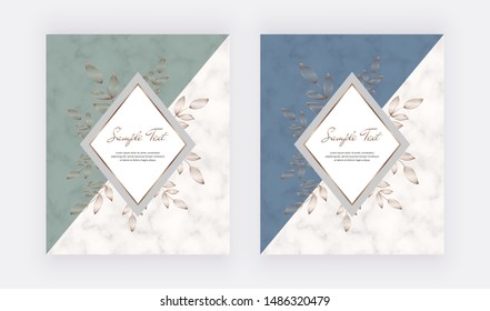 Geometric cover design with blue and green triangular shapes and golden leafs frames on the marble texture. Template for wedding invitation, blog posts, banner, card, save the date, poster, flyer	
