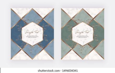 Geometric cover design with blue and green triangular shapes and golden leafs frames on the marble texture. Template for wedding invitation, blog posts, banner, card, save the date, poster, flyer	
