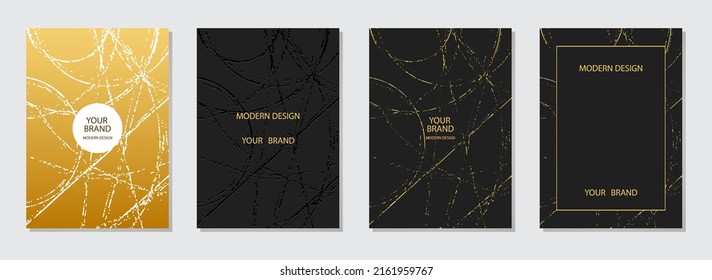 Geometric cover design. Embossed 3D drawing of abstract curved circles, cracks, scratches on a black background. Collection of vertical templates, golden grunge texture. Unique design solution.