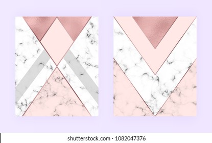 Geometric cover design with gold rose, pink colors triangles with foil texture on the marble texture. Backgrounds for  invitation, card, banner, wedding, baby shower, placard, party, brochure, flyer
