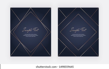Geometric cover design with golden lines on the dark blue background. Template for wedding invitation, blog posts, banner, card, save the date, poster, flyer	
