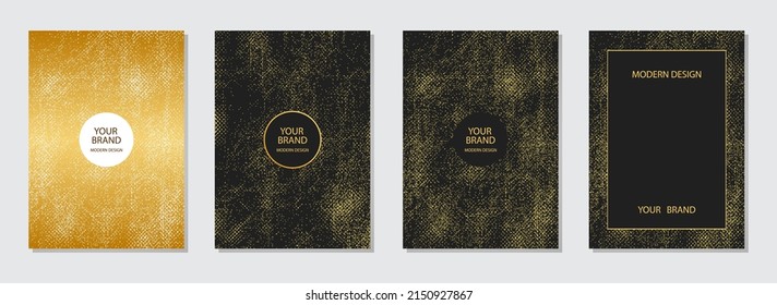 Geometric cover design. Golden pattern with sparkles and spots on a black background. Unique grunge texture. Collection of vertical templates for business background, magazine layout, brochure.