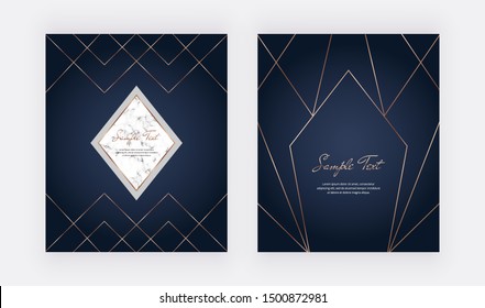 Diseño geométrico con marcos de mármol, líneas doradas sobre el fondo azul oscuro. Plantilla para invitación de boda, entradas de blog, banner, tarjeta, guardar la fecha, afiche, volante	
